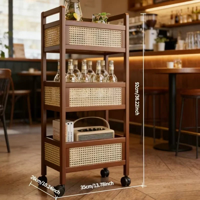 The Cane Three-Tier Rolling Cart | Wooden Rattan
