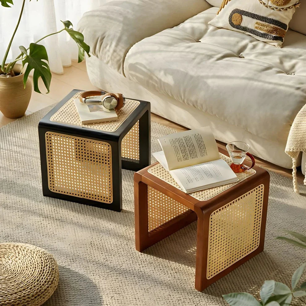 The Modern C-Shape End Table | Wood with Rattan Top