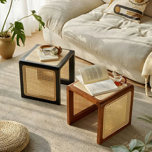 The Modern C-Shape End Table | Wood with Rattan Top