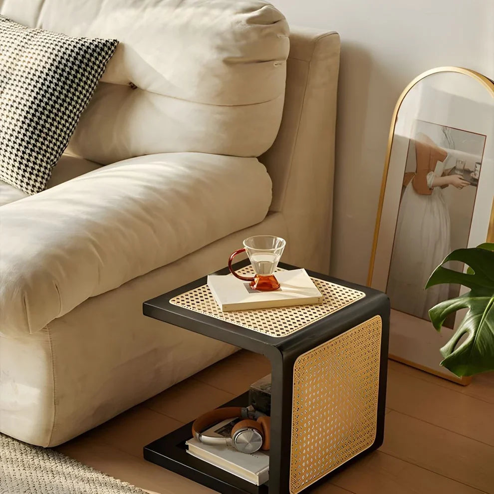 The Modern C-Shape End Table | Wood with Rattan Top