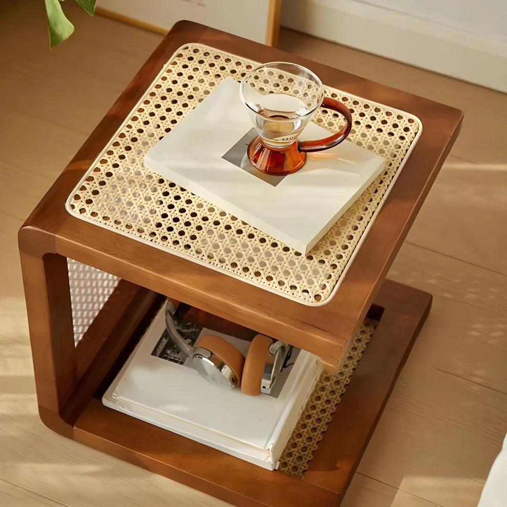 The Modern C-Shape End Table | Wood with Rattan Top
