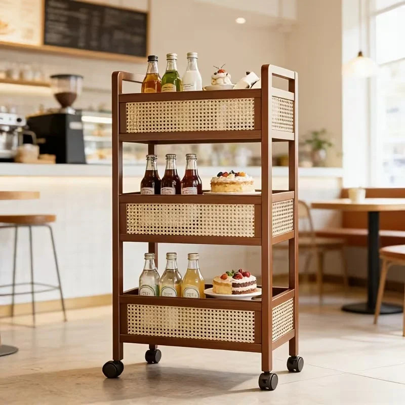 The Cane Three-Tier Rolling Cart | Wooden Rattan