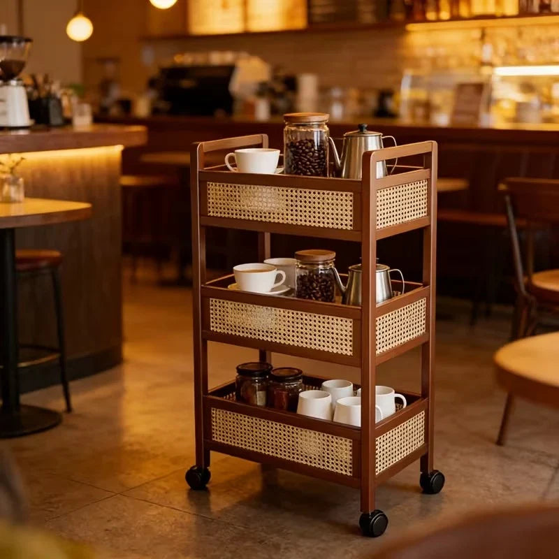 The Cane Three-Tier Rolling Cart | Wooden Rattan