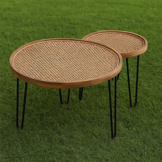 The Duet Rattan Side Tables | Natural Cane & Hairpin Legs (Pair)