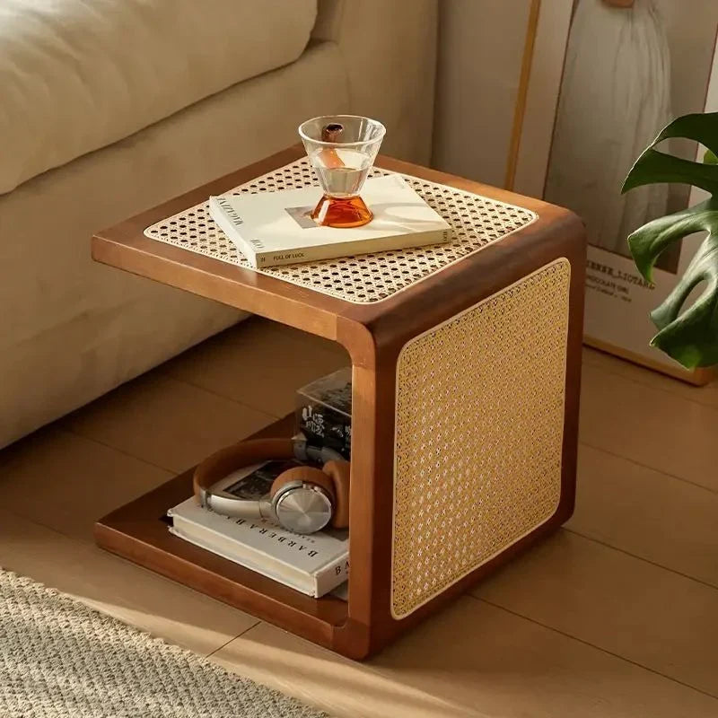 The Modern C-Shape End Table | Wood with Rattan Top