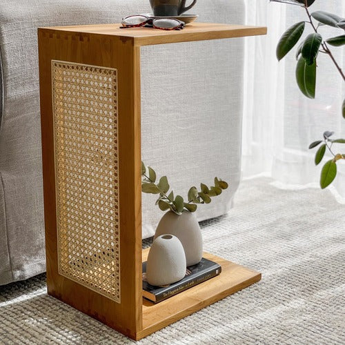 The Crest C-Shaped Side Table | Oak & Rattan