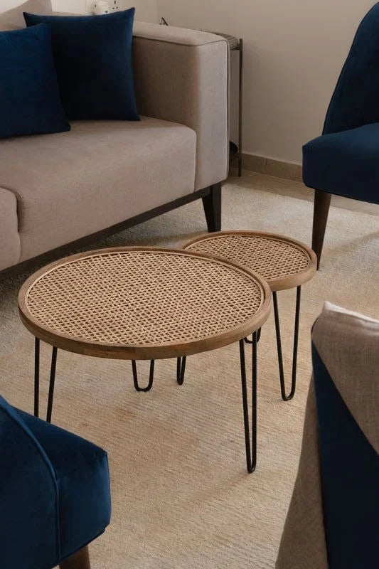 The Duet Rattan Side Tables | Natural Cane & Hairpin Legs (Pair)