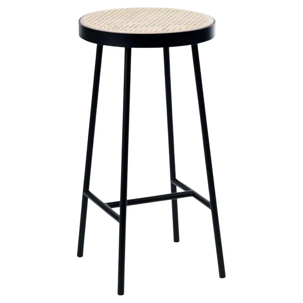 The Round Rattan Stool | Woven Seat & Black Metal Frame