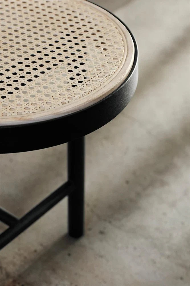 The Round Rattan Stool | Woven Seat & Black Metal Frame