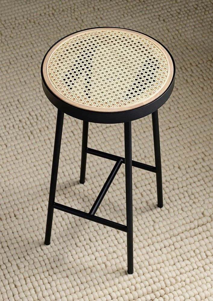 The Round Rattan Stool | Woven Seat & Black Metal Frame