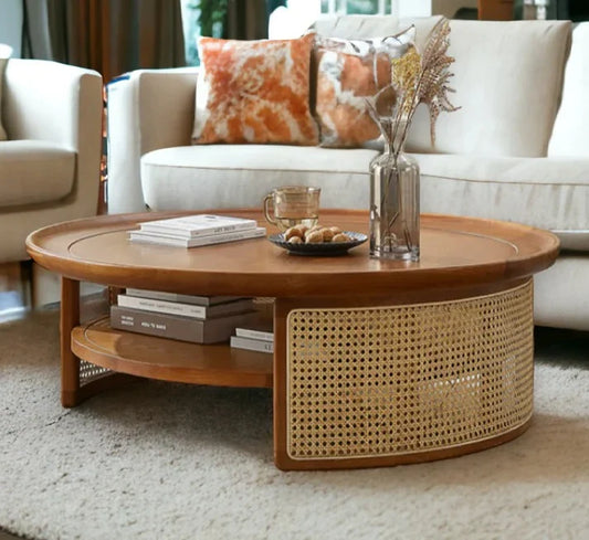 The Cane Storage Coffee Table | Solid Wood with Shelf