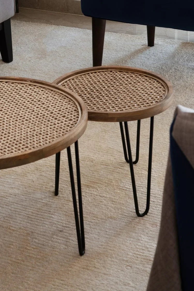 The Duet Rattan Side Tables | Natural Cane & Hairpin Legs (Pair)