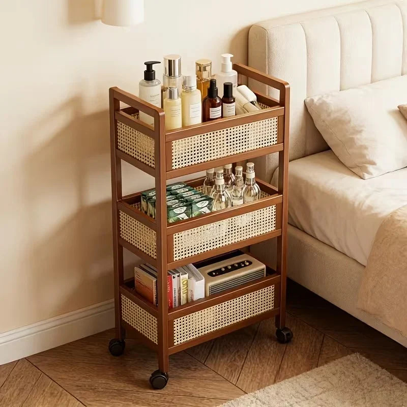 The Cane Three-Tier Rolling Cart | Wooden Rattan